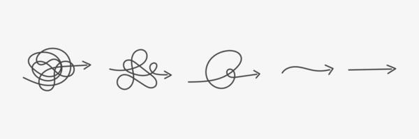 Complex to simple process concept. Line mind process. Simplification, straight and curve line arrow. Illustration vector