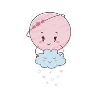 Cute cartoon pink planet holding a sleeping cloud. Illustration for baby vector