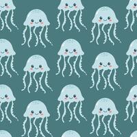 Seamless pattern of cute jellyfish on blue background. Marine life animals. Template for baby shower, print, fabric, greeting cards and invitation. vector