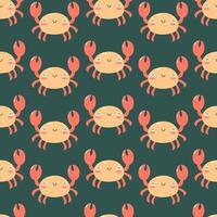 Seamless pattern with hand drawn cute crab on dark green background. Marine life animals. Template for print, fabric, greeting card and invitation. vector