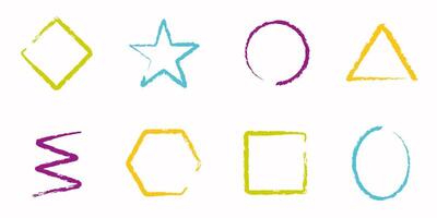 Crayon kids frame set. Color shapes. Square, triangle, star, circle, zig zag. Handwriting figures. Best for kindergarten, poster, texture vector