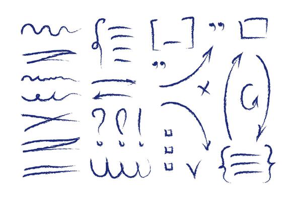 Hand drawn charcoal arrows set. Crayon scribble lines, swirls arrows, scrawls. Doodle blue marker or chalk drawing. Direction pointers.