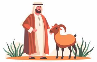 Islamic Arabian Muslim Man with Sheep Goat in Eid Al Adha Celebration vector