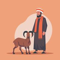 Islamic Arabian Muslim Man with Sheep Goat in Eid Al Adha Celebration vector