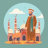 Arabian Muslim Man with Sheep Goat in Front of Mosque for Islamic Eid Al Adha vector