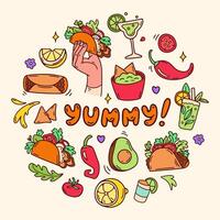Mexico food doodle icon set. Delicious traditional Mexican cuisine. Burrito, avocado, guacamole, chili, tequila, taco. Square color celebration background. Social media post. illustration. vector