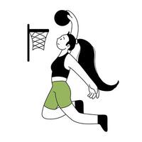 baloncesto contorno ilustración. baloncesto jugador con pelota. personaje para Deportes clasificaciones, web, tarjeta postal, mascota, deporte escuela. sano estilo de vida antecedentes. línea ilustración. vector