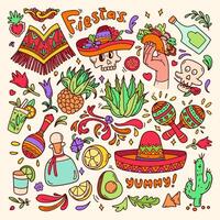 Cinco de Mayo doodle set color. Mexican food elements, traditions, plants big collection. Mexican celebration background. Guitar, sombrero, maracas, cactus and chili, taco, tequila isolated on white. vector