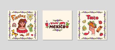 Mexican festive cards for Social media. Square greeting post set. Background for sale, promotions, visual design. Celebration text templates for invitations. doodle illustration. vector