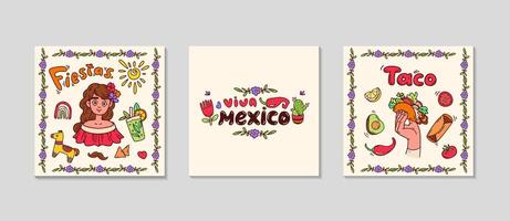 mexicano festivo tarjetas para social medios de comunicación. cuadrado saludo enviar colocar. antecedentes para venta, promociones, visual diseño. celebracion texto plantillas para invitaciones garabatear ilustración. vector