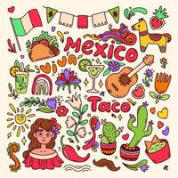 Viva Mexico icons set. Square color celebration background. Banner and social media post for Mexican federal holiday Cinco de Mayo. Mexican heritage and culture. Doodle illustration vector