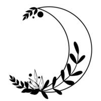 Botanical Moon illustration. Drawing of floral Luna with leaves. Hand drawn celestial Wreath. Round frame border with space and plants in linear style painted by black inks. Lunar phase vector