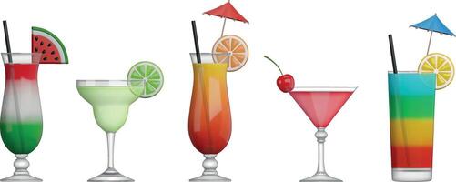 set of cocktails with fruits and umbrellas vector