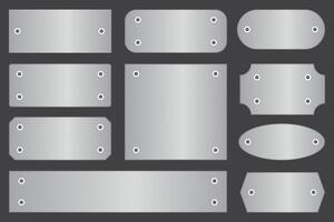 Nameplate with borders and screws. Set of aluminum plates or boards with empty space for sign. vector