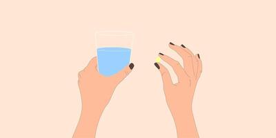 Woman holds in hands the capsule, tablet and a glass of water. vector