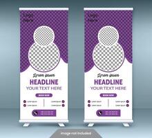 Roll up banner stand template design. Vertical banner template. Universal stand for conference, seminar, exhibitions vector