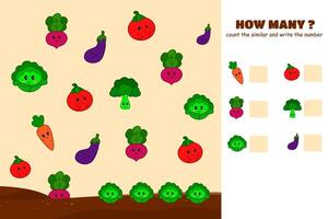 How much is the game. Counting game with different cute vegetables. Cute counter game with illustrations vector