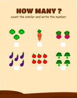 How much is the game. Counting game with different cute vegetables. Cute counter game with illustrations vector