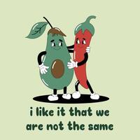 Groovy Cartoon Illustration. Friendship between vegetables and fruits. Friendship of pepper and avocado. Peppers and avocados hugging. I like it that we are not the same vector