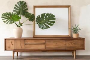 a serene interior scene with a minimalist wooden sideboard against a pale beige wall photo