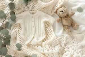 Cozy baby clothing setup with a clean white onesie in the center ,accompanied by a soft teddy bear photo