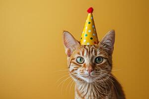 un jengibre atigrado gato con expresivo verde ojos, vistiendo un divertido fiesta sombrero foto