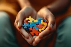 gentle hands cradle a heart-shaped puzzle, each piece a different hue symbolizing diversity photo