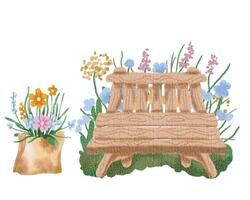 Watercolor Floral Bench Illustration and Flower in Pot vector