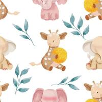 Cute Watercolor Giraffe and Elephant Seamless Pattern vector