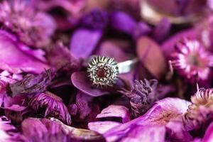 Silver ring with pink stone on a background of dry purple flowers. Handcraft precious item. Jewelry accessories. photo