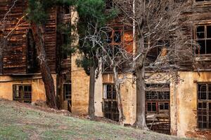 Desolate Exterior of an Old Wooden Building with Trees in a Haunting Urban Setting. photo