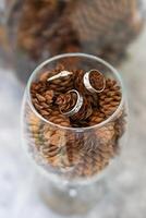 Elegant handcraft silver rings in a glass with pine cones on a white blurred background. Jewelry accessories. photo