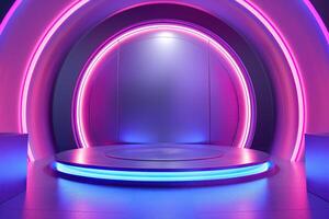 A neon colored stage with a blue and purple background photo