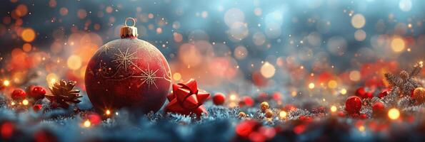 elegante rojo Navidad pelota con espumoso detalles en un mágico bokeh antecedentes foto