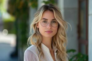 A blonde woman with glasses is standing in front of a building photo