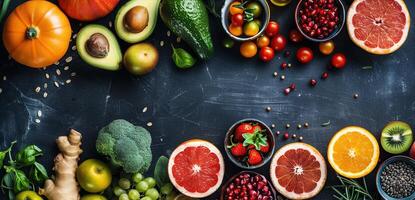 A colorful assortment of fruits and vegetables on a counter photo