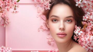 Beautiful woman model pink flowers banner copy space photo