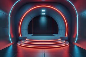 Futuristic neon-lit circular portal on a spaceship, perfect for product showcasing photo