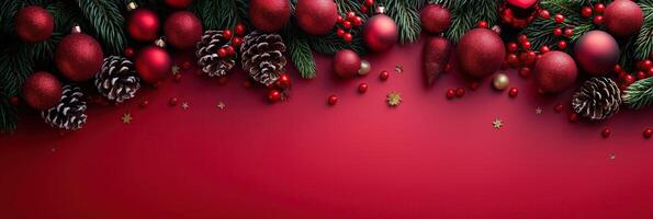 A red background with a bunch of red and gold Christmas ornaments photo