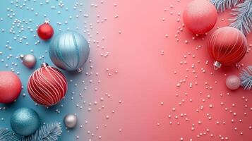 A blue and pink background with a bunch of Christmas ornaments on it photo
