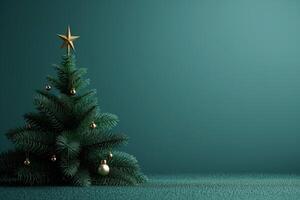 A Christmas tree with a gold star on top stands in front of a green wall, empty space, background photo