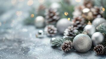 A Christmas background with a lot of ornaments and pine cones photo