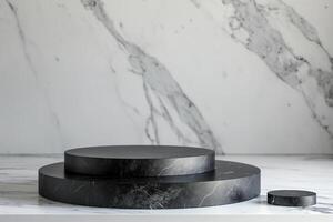 Minimalist black marble podiums for product display against a marble backdrop photo
