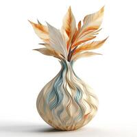 Stylized bohemian vase with elegant swirling patterns and warm-toned plume-like leaves photo