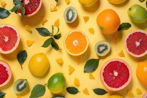 Sunny assortment of sliced citrus fruits and kiwi with vivid green leaves photo