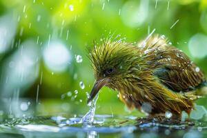 A bird kiwi is drinking water from a small pond photo