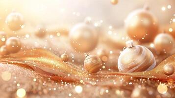 Golden Christmas ornaments basking in a warm, sparkling glow photo