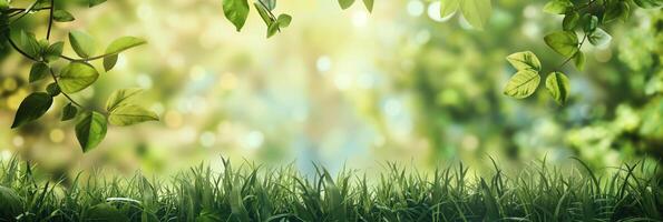 Fresh green nature background with dew on vibrant grass and soft sunlight photo