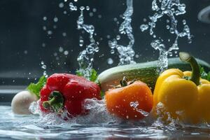 A bunch of vegetables are in a sink full of water photo