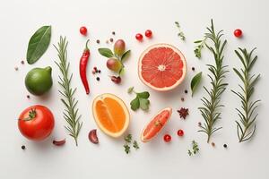 Top-down view of assorted fresh culinary herbs and vibrant citrus fruits on white photo